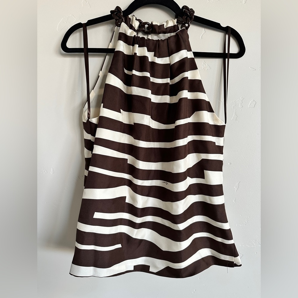 MILLY of New York silk tank with chain detail brown cream striped size 6